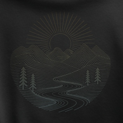 Line art mountain landscape graphic on the back of a Black midweight fleece hoodie background