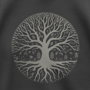 White tree of life mandala graphic on a charcoal midweight fleece crewneck sweatshirt.