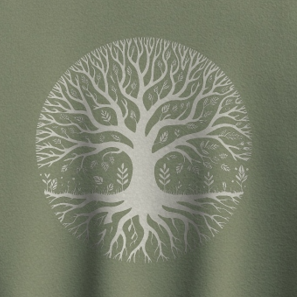 White tree of life mandala graphic on a Military Green midweight fleece crewneck sweatshirt.