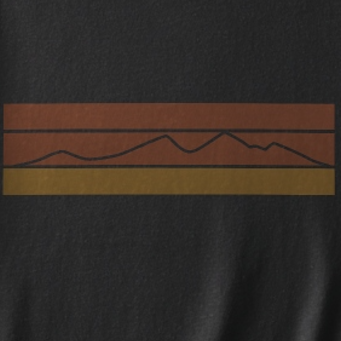 Detail of white mountain silhouette with retro colour stripes on a Vintage Black cotton tee