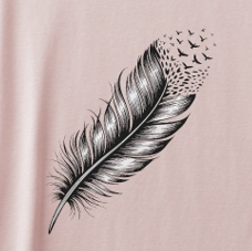 Woodcut feather dissolving into birds graphic on a Soft Pink 100% cotton tee.