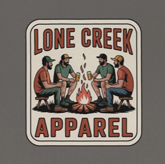 Lone Creek Apparel logo with people around a campfire on a gray background