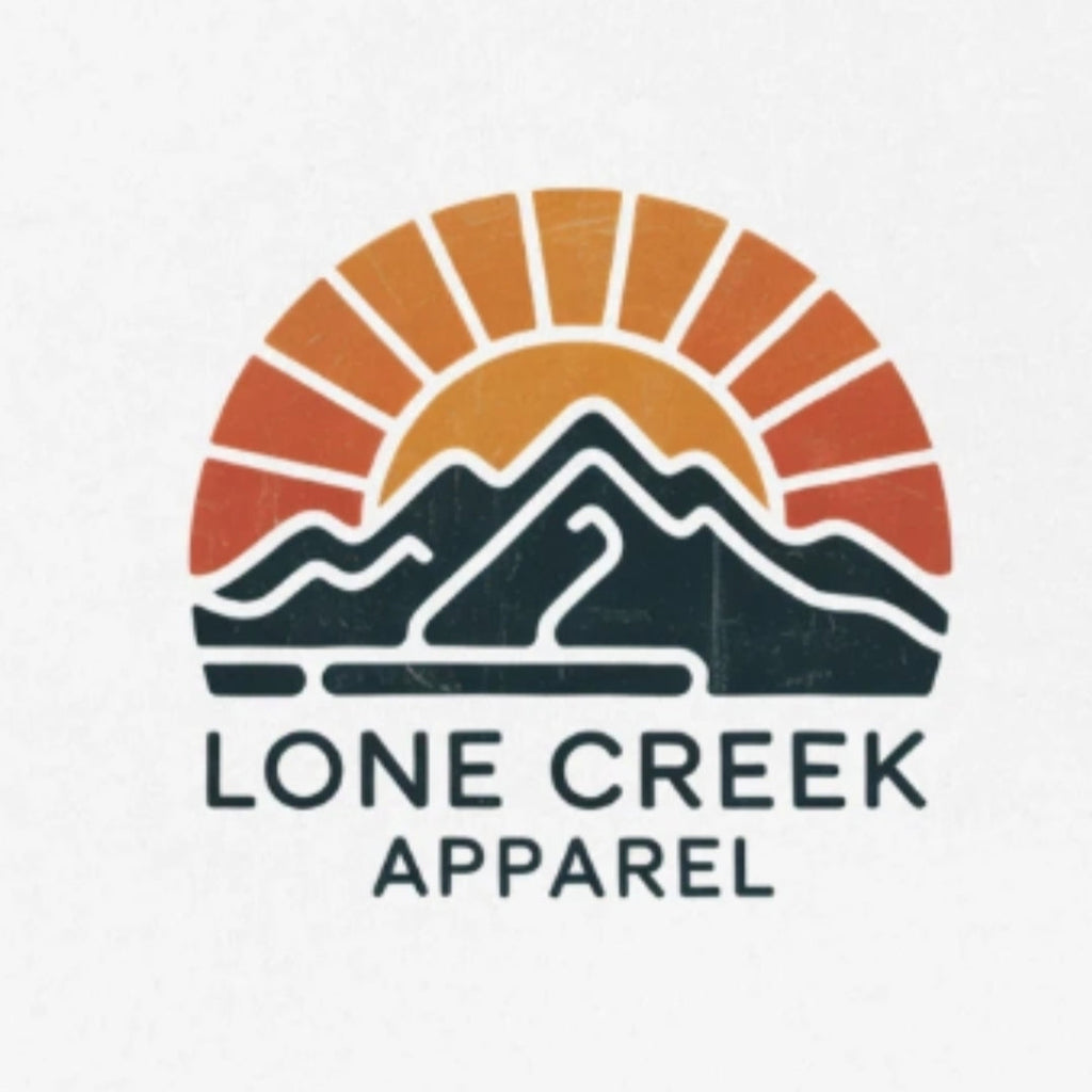 Lone Creek Apparel logo with mountains and sun design on a white background
