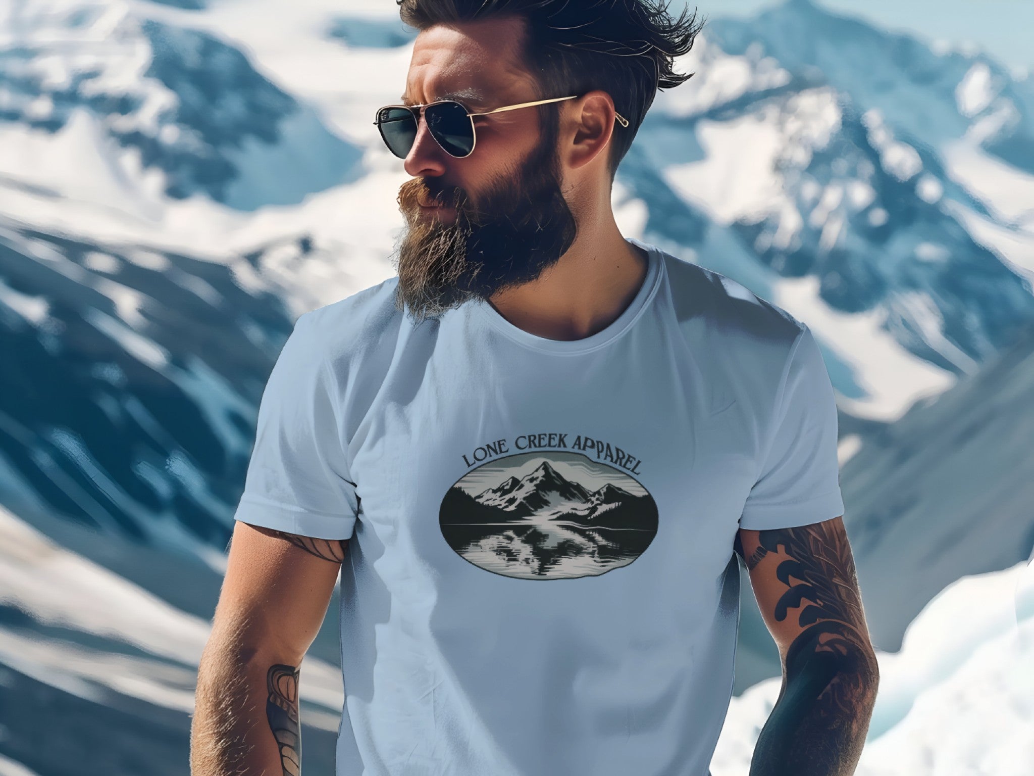 Man wearing a light blue t-shirt with a mountain graphic and text, standing in front of snowy mountains.
