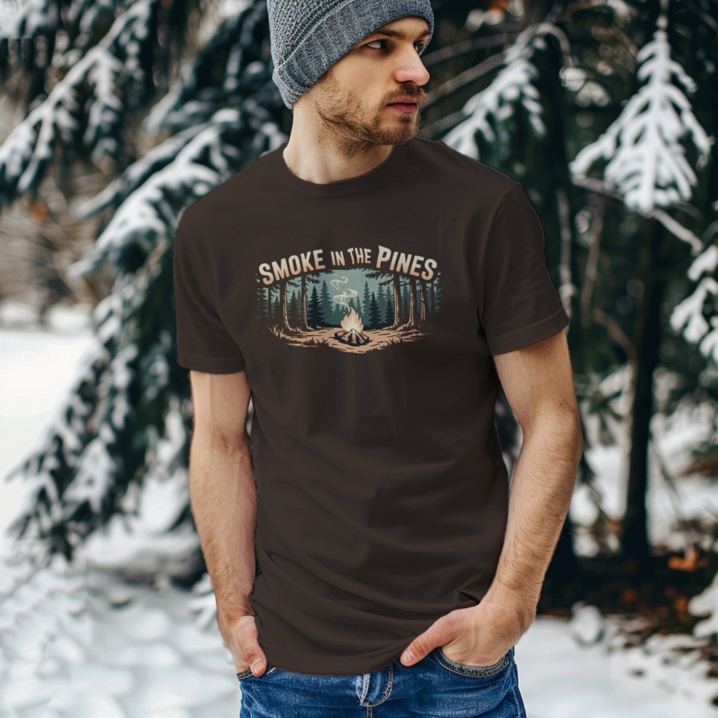 Man wearing a 'Smoke in the Pines' t-shirt in a snowy forest setting