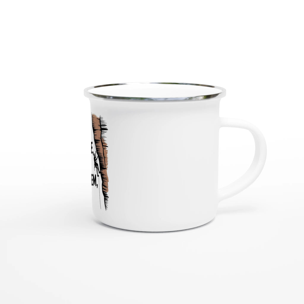 White mug with a black and brown design on a white background