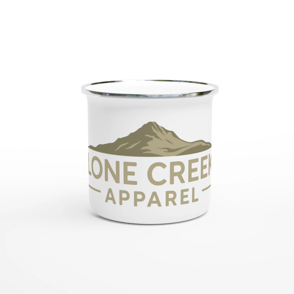White mug with a mountain graphic and 'Lone Creek Apparel' text on a white background