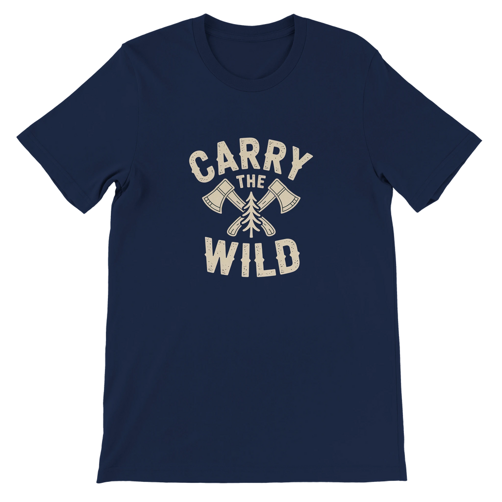 Navy blue t-shirt with 'Carry the Wild' graphic design on a navy background