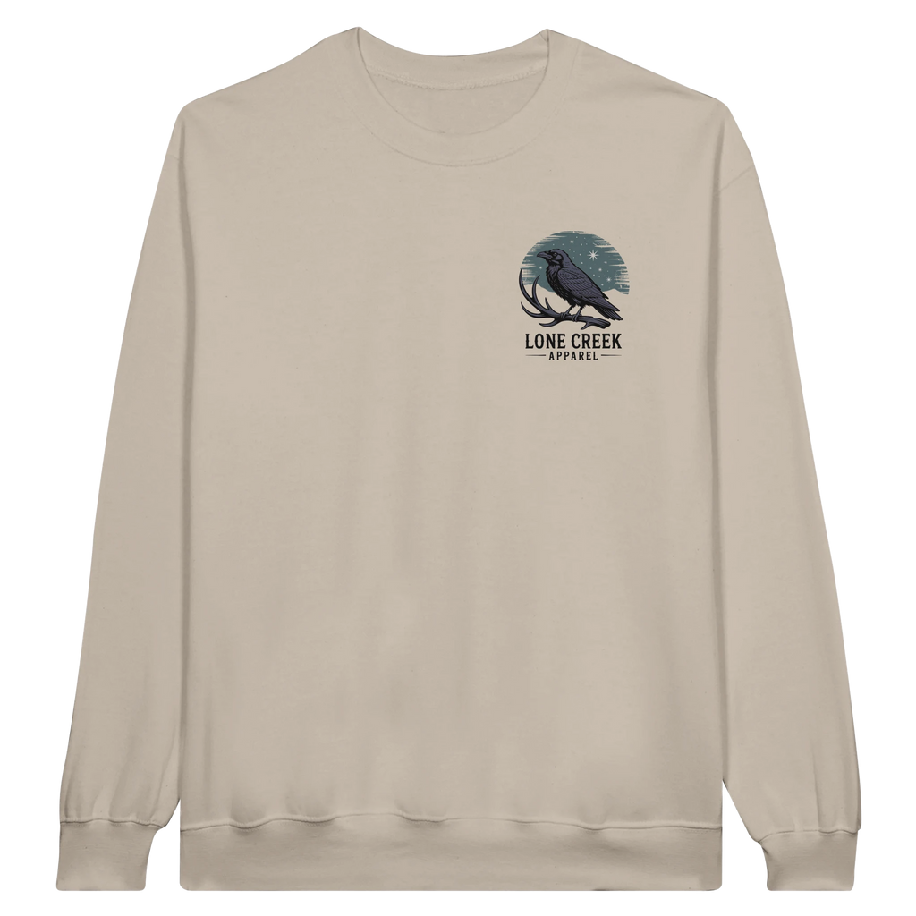 Beige sweatshirt with a graphic of a crow and 'Lone Creek Apparel' text on a white background