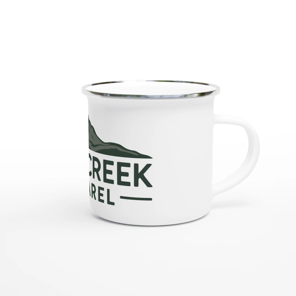 White mug with 'Lone Creek Apparel' logo on a white background