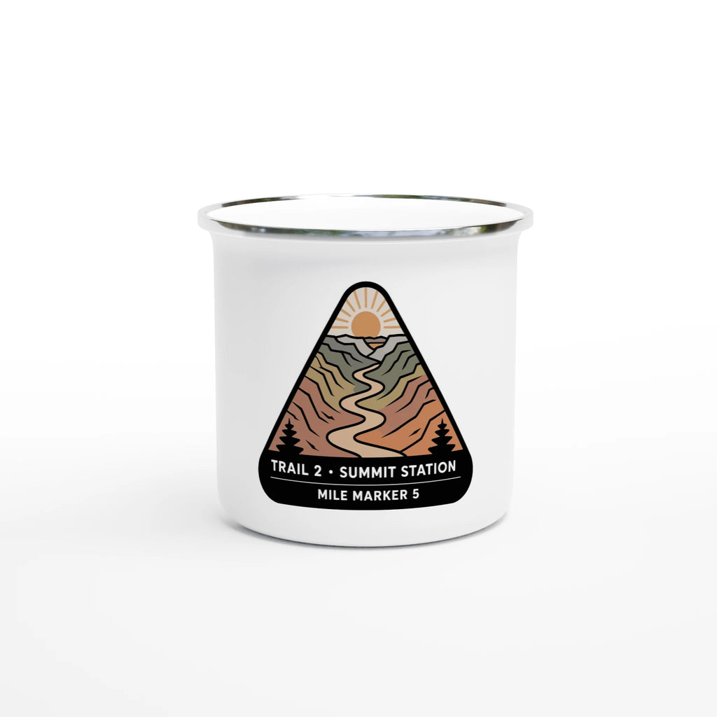 White mug with a mountain design and text on a white background