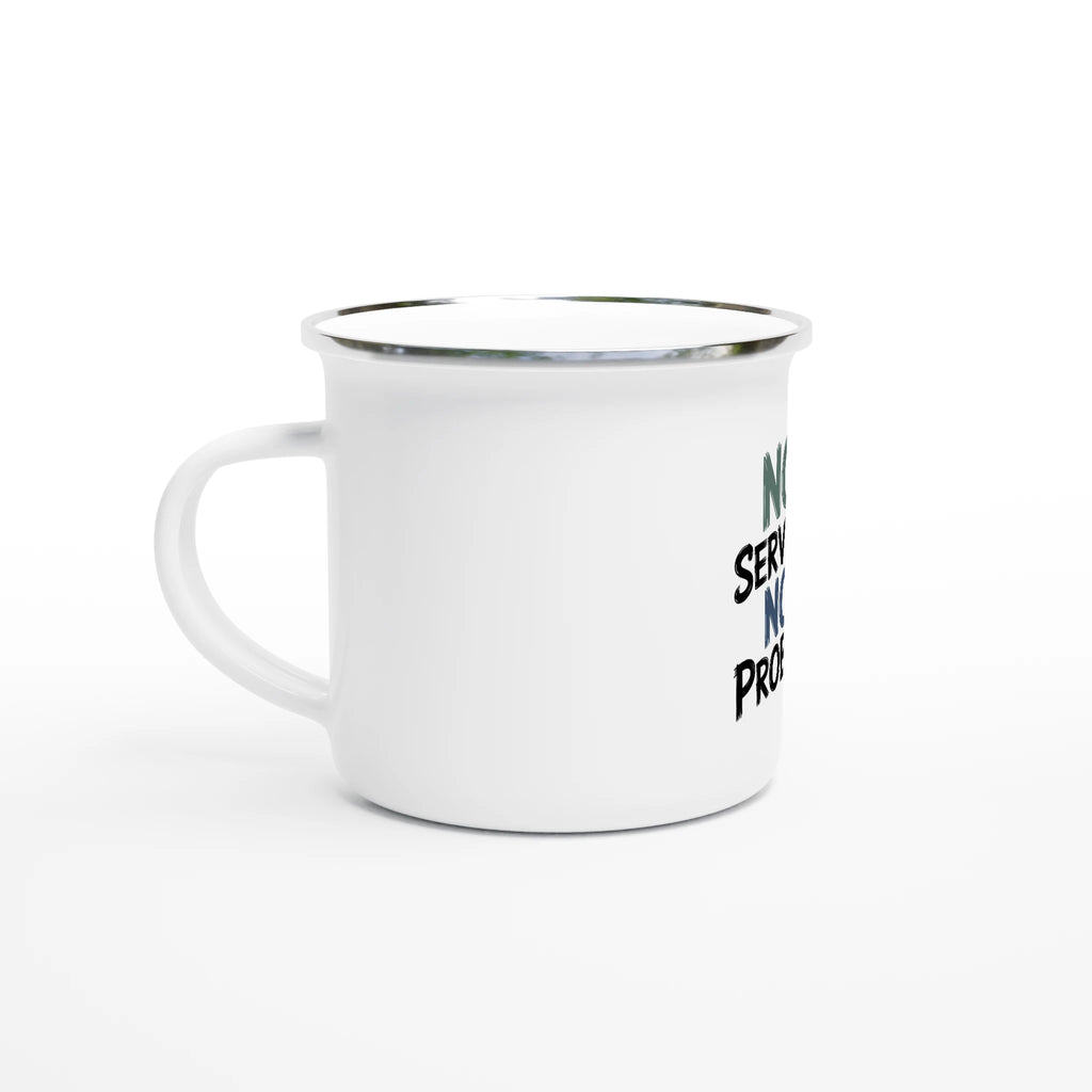 White mug with text on a white background