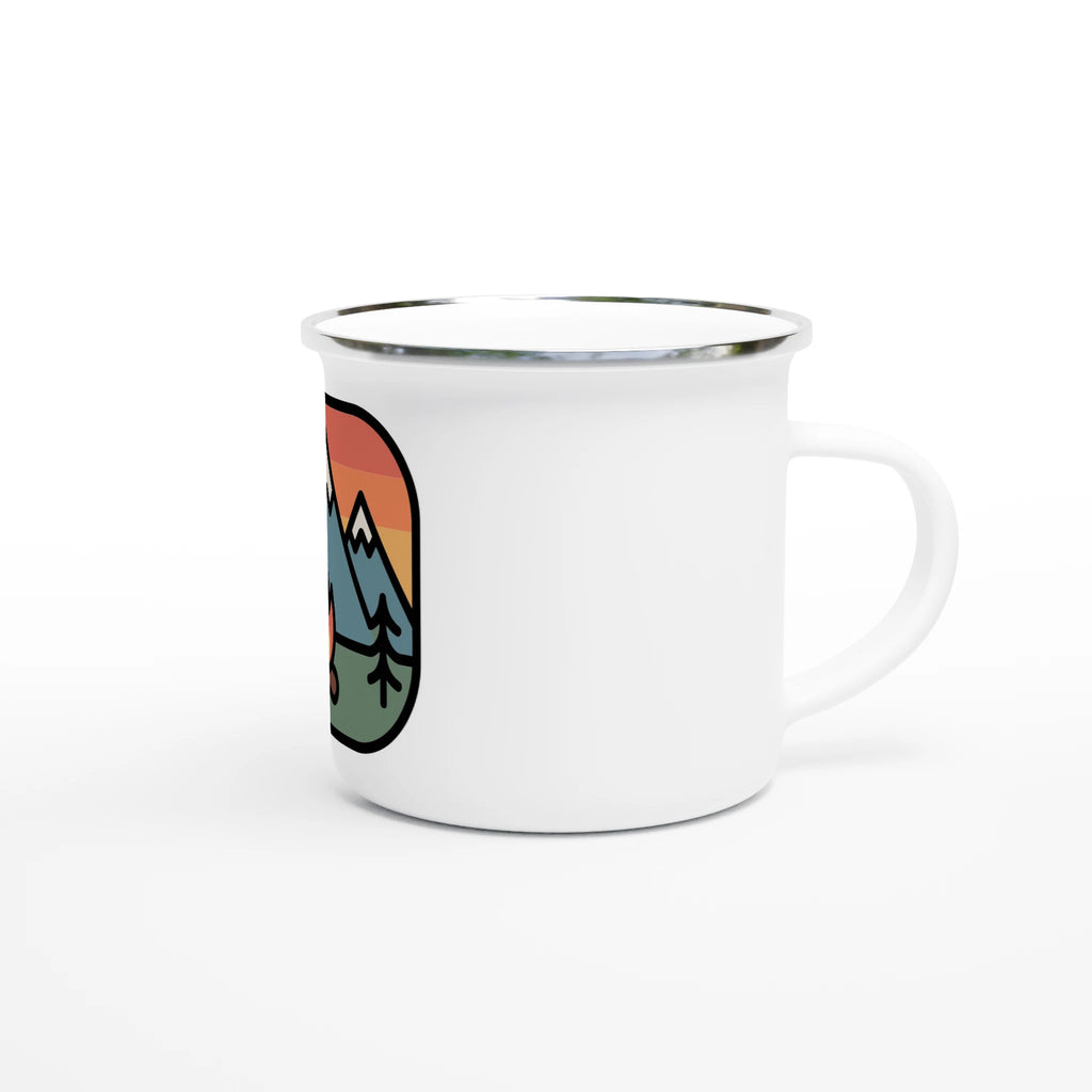 White mug with a colorful mountain design on a white background