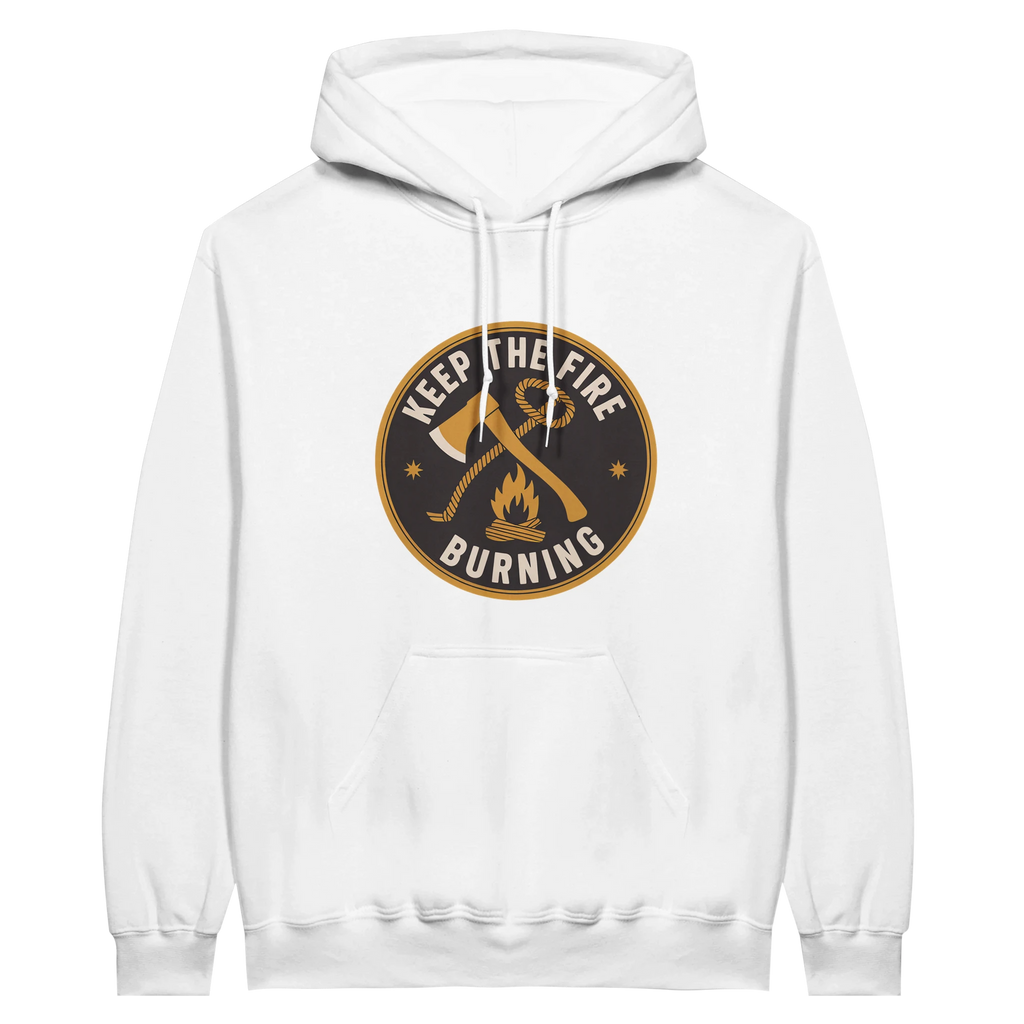 White hoodie with a circular logo featuring crossed axes and a flame, with text 'Keep the Fire Burning' on a white background.