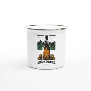 Multi-colour campfire bottle graphic printed on a white 12 oz enamel mug.