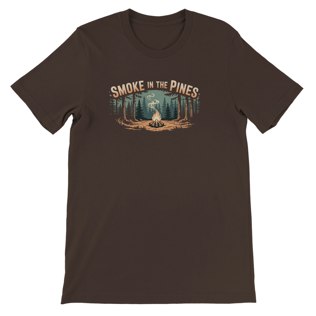 Brown t-shirt with 'Smoke in the Pines' graphic design on a white background