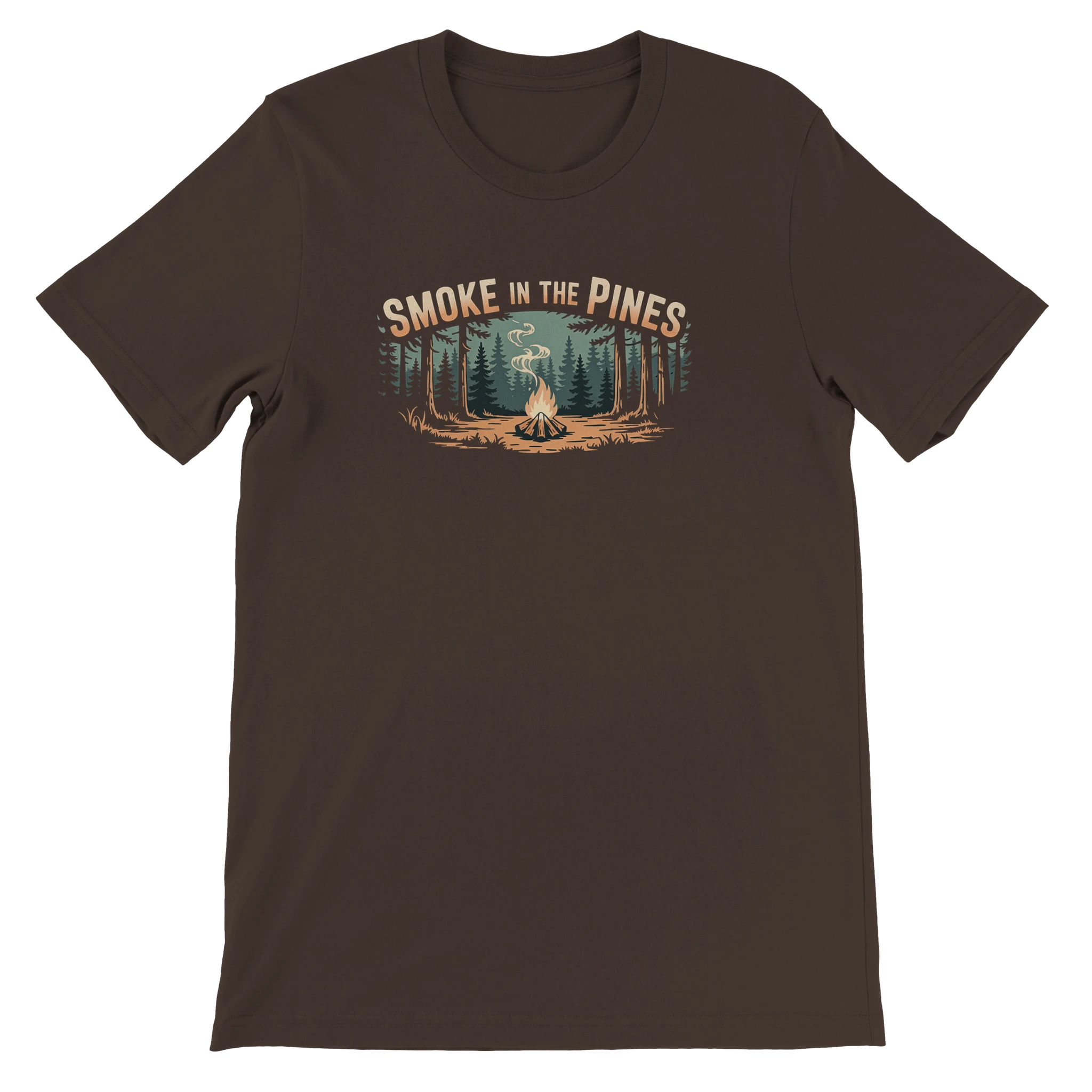 Brown t-shirt with 'Smoke in the Pines' graphic design on a white background