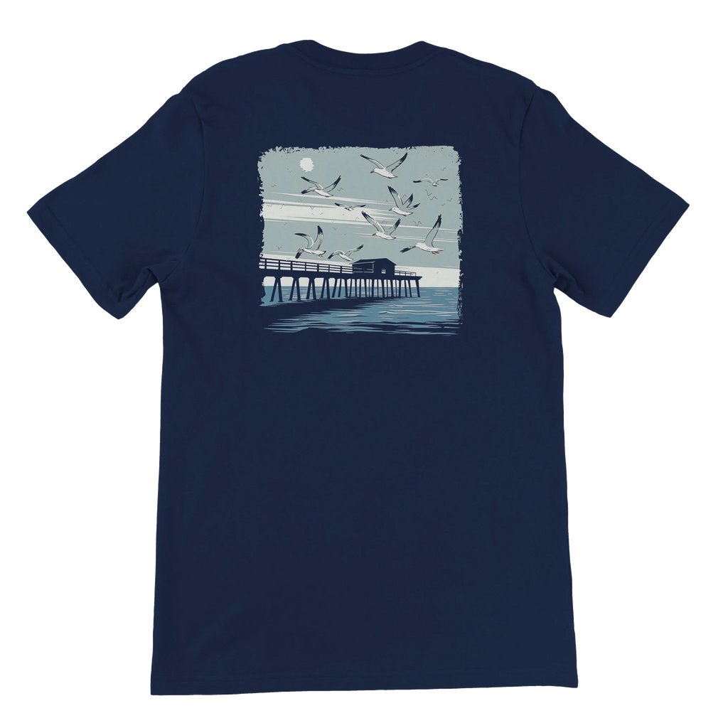 a navy blue t-shirt with a graphic design on the back,