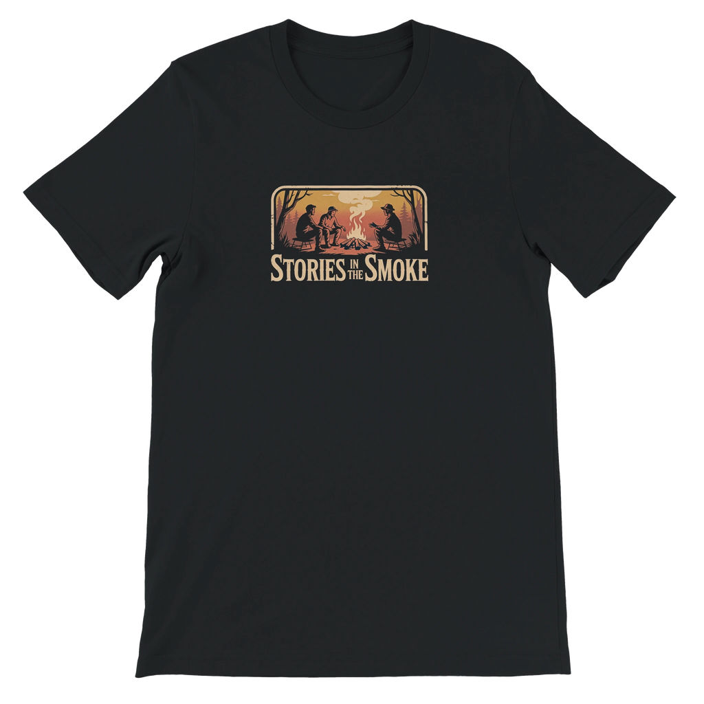 Black t-shirt with 'Stories The Smoke' graphic on a white background