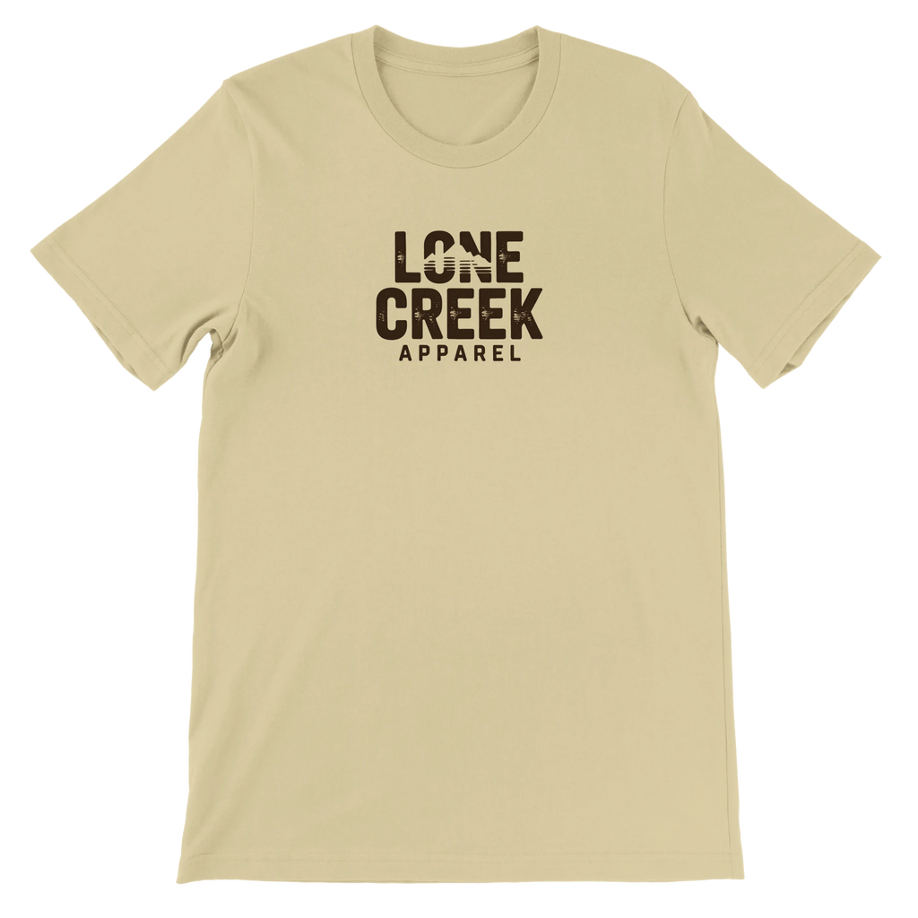 Beige t-shirt with 'Lone Creek Apparel' text on a white background