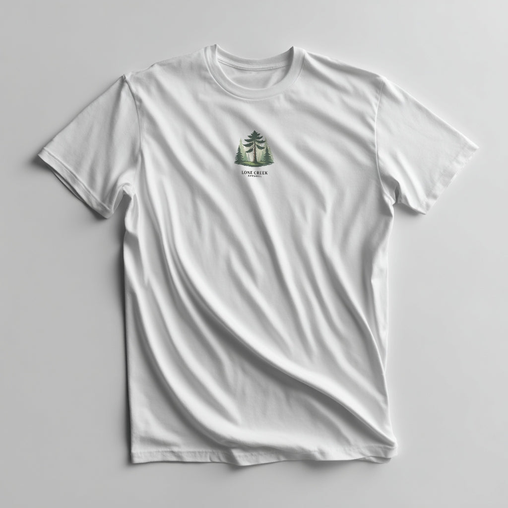 White t-shirt with a green logo on a gray background