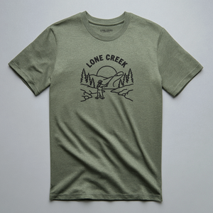 Fly fishing scene with figure, trees, and sun in white line art on a Heather Olive graphic tee.