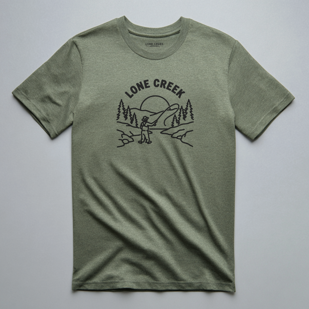 Fly fishing scene with figure, trees, and sun in white line art on a Heather Olive graphic tee.