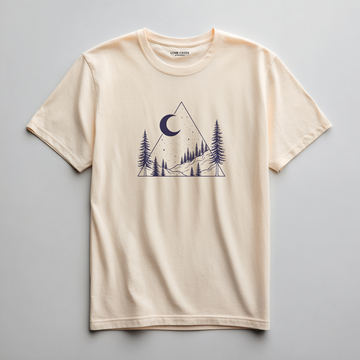 Navy line-art of a moonlit mountain and pine scene in a triangular frame, on a Wheat Cream t-shirt.