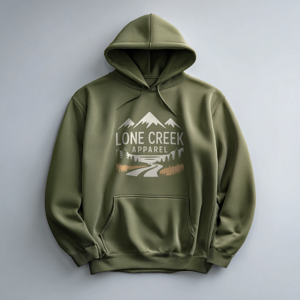 Green hoodie with 'Lone Creek Apparel' logo on a gray background