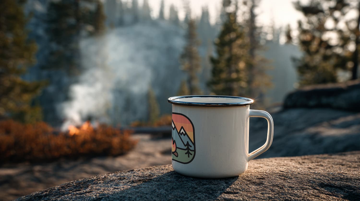 Enamel camping mug with a mountain design resting on a rock beside a campfire in a misty forest