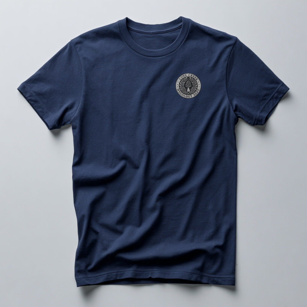 Black morel mushroom laurel emblem with Lone Creek Mycology Dept text on a Navy graphic tee