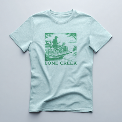 Woodcut-style truck and dog illustration in dark green on a Heather Mint graphic tee.