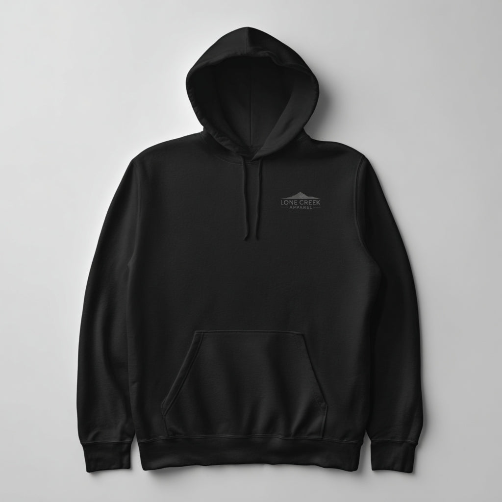 Stylized white wolf running graphic on the back of a Black midweight fleece hoodie.