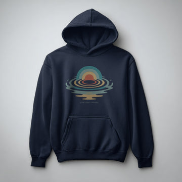 Multicolour retro sunset with water ripples on an Atlantic Navy midweight fleece hoodie