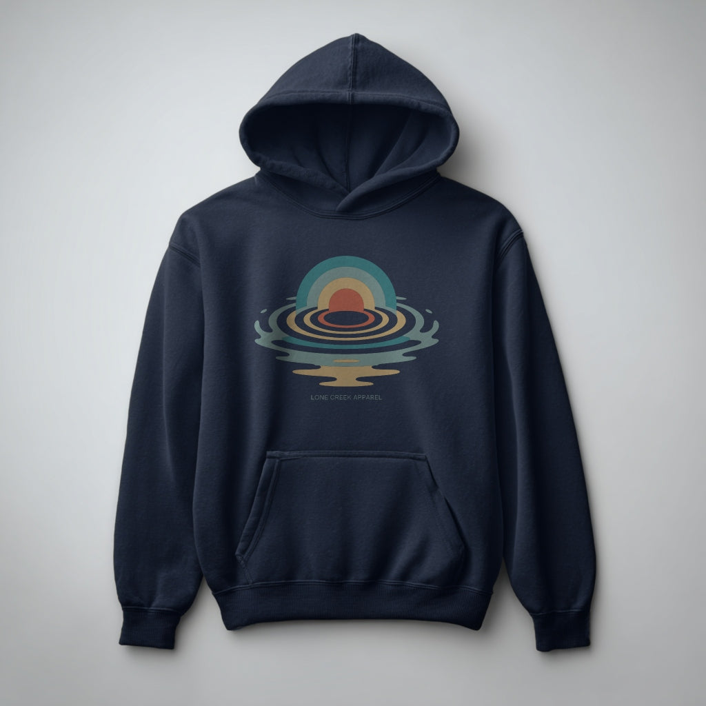Retro sunset and water ripple graphic on a Navy midweight fleece hoodie.