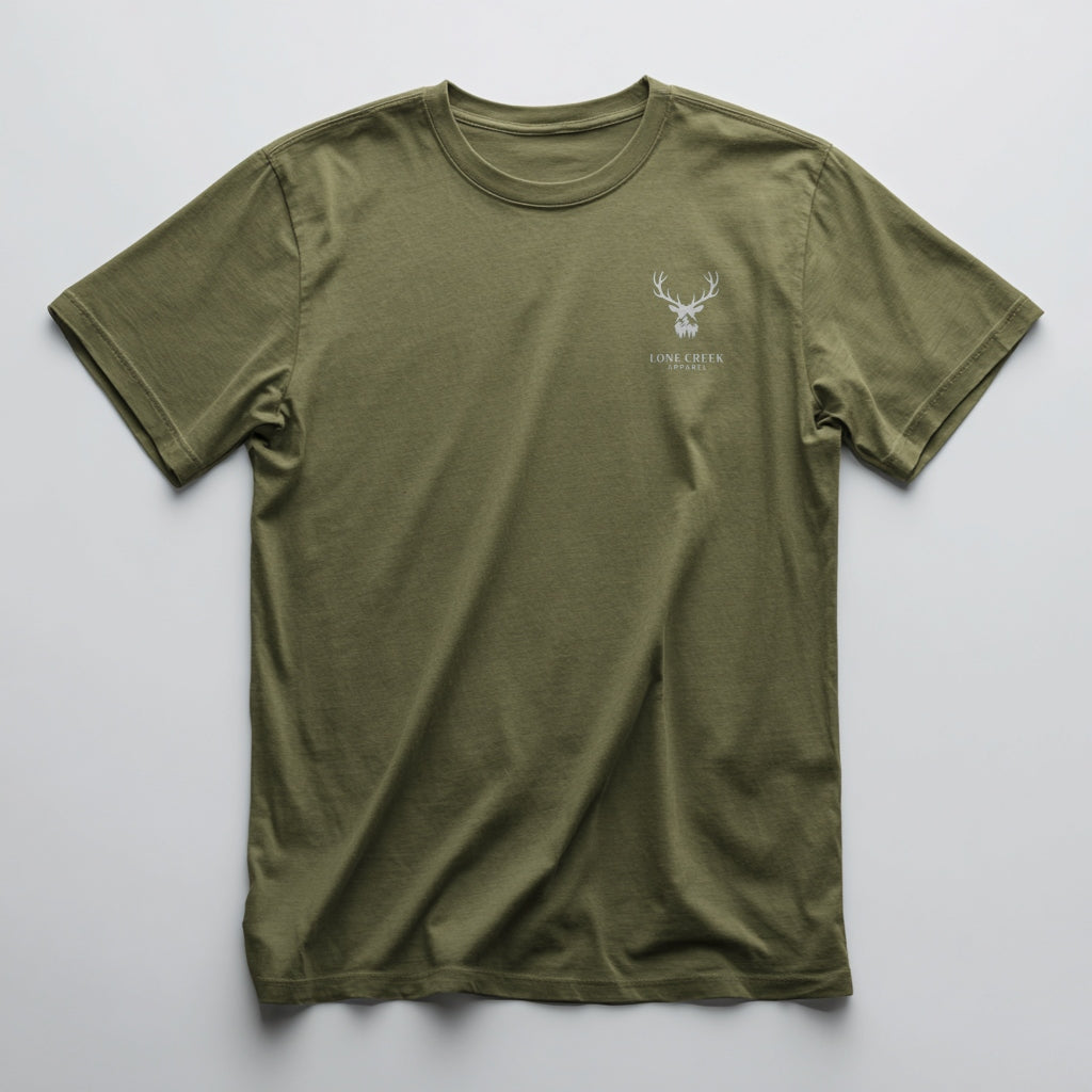 Green t-shirt with a logo on a light gray background