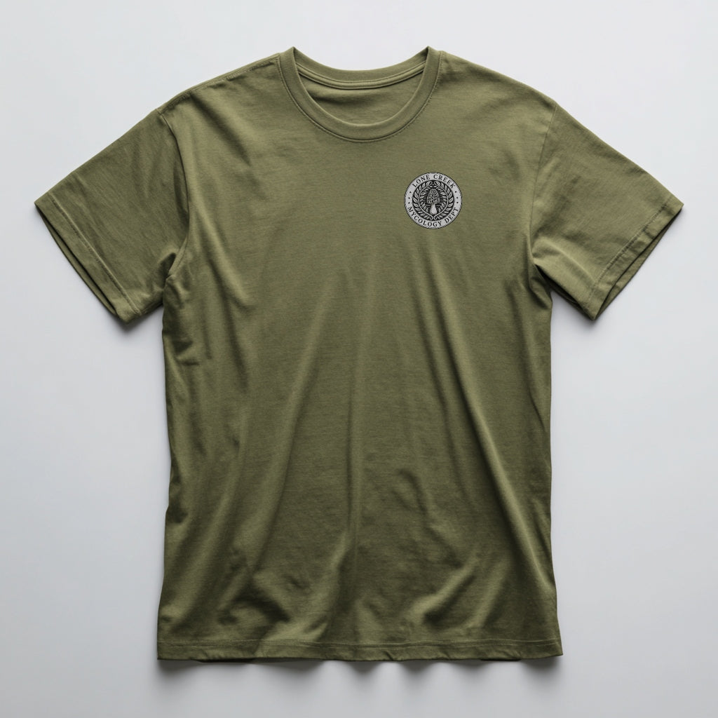 Black morel mushroom laurel emblem with Lone Creek Mycology Dept text on a Military Green graphic tee