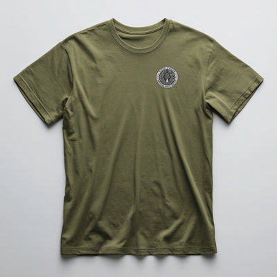 Black morel mushroom laurel emblem with Lone Creek Mycology Dept text on a Military Green graphic tee