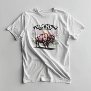 Retro Yellowstone bison and mountain graphic on a White lightweight cotton tee