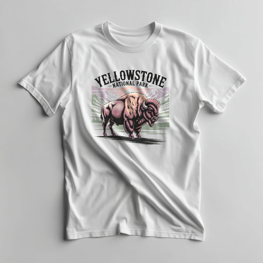 White t-shirt with Yellowstone National Park graphic featuring a bison on a gray background
