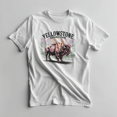  Retro Yellowstone bison and mountain graphic on a White lightweight cotton tee