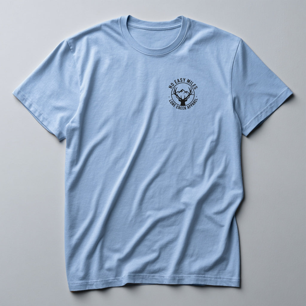 Light blue t-shirt with a black logo on a gray background