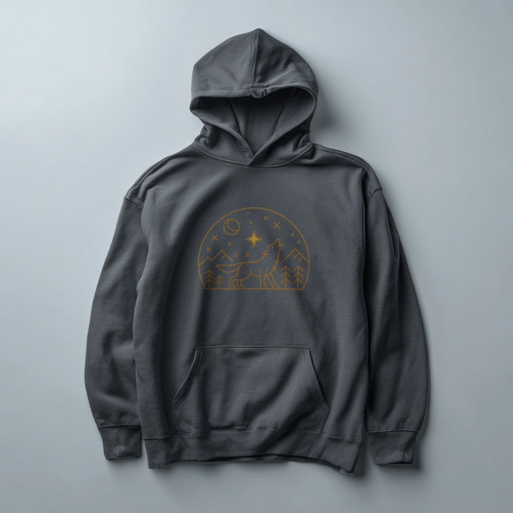 Gold line art wolf and mountain graphic on a Charcoal midweight fleece hoodie.