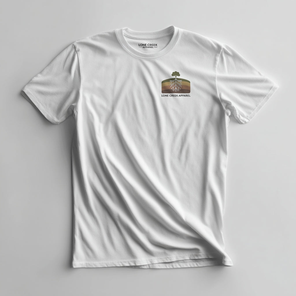 Retro tree and root cross-section graphic on a White lightweight cotton tee.