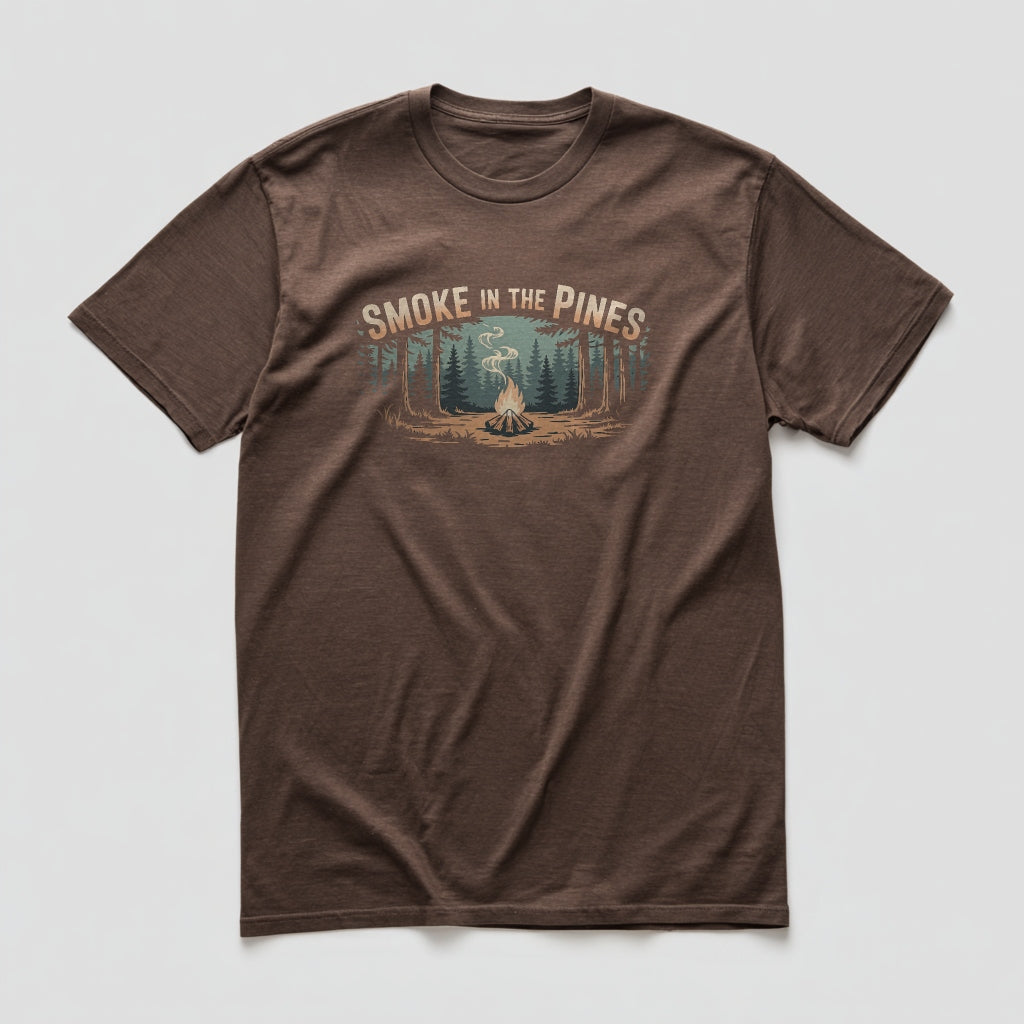 Brown t-shirt with 'Smoke in the Pines' graphic design on a light gray background