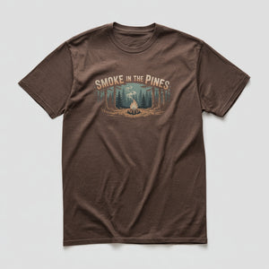 Multicolour campfire and pine forest graphic with Smoke in the Pines text on a Brown graphic tee