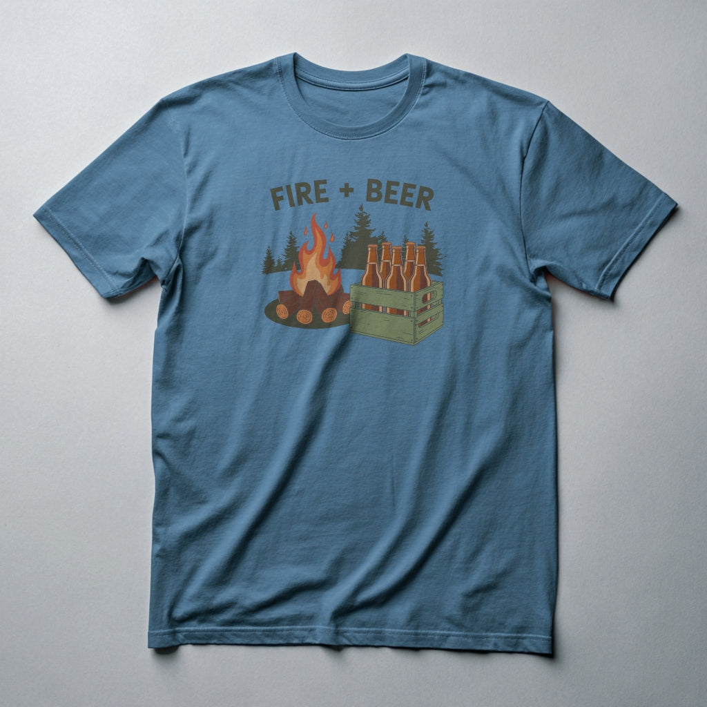 Blue t-shirt with 'Fire + Beer' graphic design on a gray background