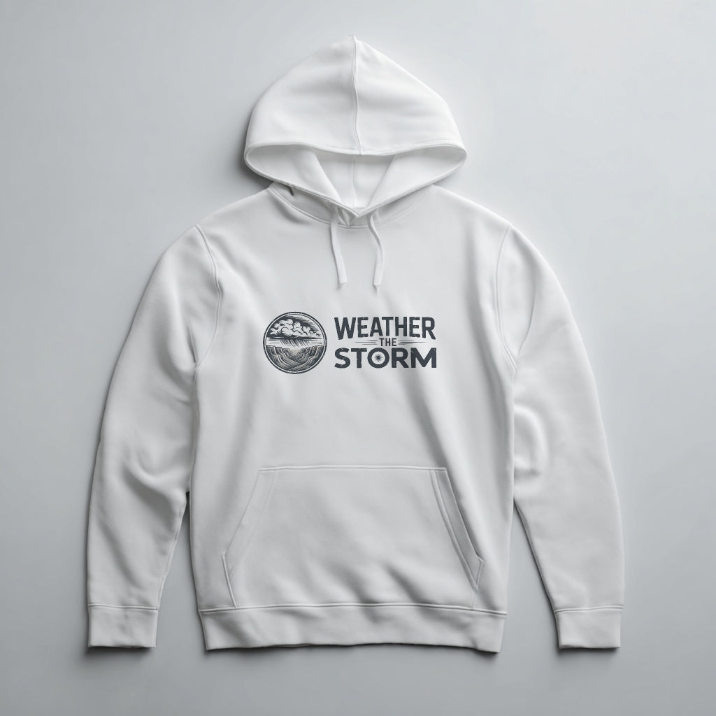 White Hoodie with a Motivational quote 'Weather the Storm' with a stylized design on a white hoodie