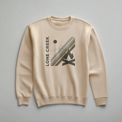 Geometric campfire graphic in earth tones on a Sand midweight fleece sweatshirt.