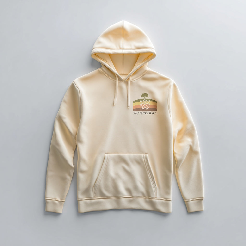 Retro tree and root cross-section graphic on a Yellow Haze midweight fleece hoodie.